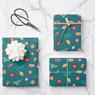 Vintage Retro 1960's Christmas on Dark Teal Wrapping Paper Sheet