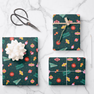 Vintage Retro 1960's Christmas on Evergreen Wrapping Paper Sheet