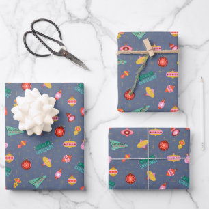 Vintage Retro 1960's Christmas on Grey Blue Wrapping Paper Sheet