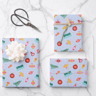 Vintage Retro 1960's Christmas on Light Blue Wrapping Paper Sheet