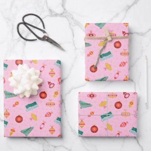 Vintage Retro 1960's Christmas on Light Pink Wrapping Paper Sheet