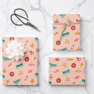 Vintage Retro 1960's Christmas on Pale Orange Wrapping Paper Sheet