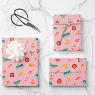 Vintage Retro 1960's Christmas on Pale Pink Wrapping Paper Sheet