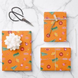 Vintage Retro 1960's Christmas Ornaments on Orange Wrapping Paper Sheet