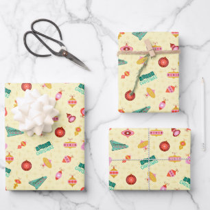 Vintage Retro 1960's Christmas Ornaments on Yellow Wrapping Paper Sheet