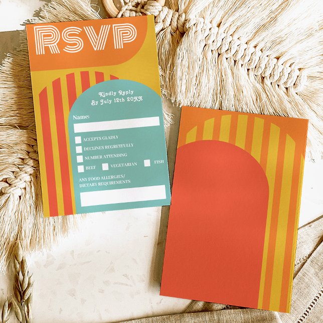 Vintage retro 70s terracotta arch wedding rsvp invitation (Creator Uploaded)