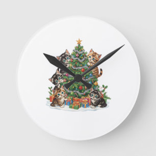 Vintage Retro 90's Cat Christmas Tree Pet Lover Pa Round Clock