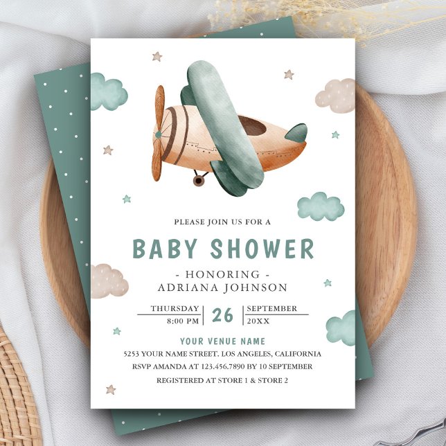 Vintage Retro Aeroplane Cute Pilot Baby Shower Invitation (Creator Uploaded)