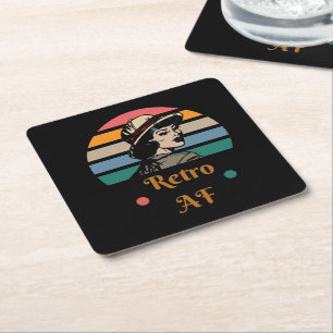 Vintage "Retro AF" Funny Rainbow Square Paper Coaster