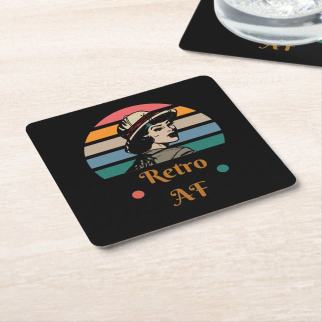 Vintage "Retro AF" Funny Rainbow Square Paper Coaster (Angled)