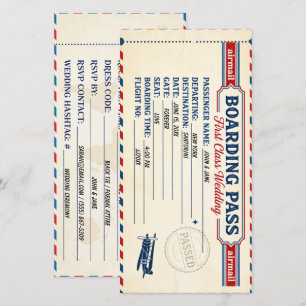 Vintage Retro Airmail Boarding Pass Wedding Invita Save The Date