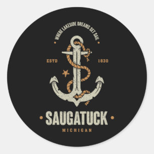 Vintage Retro Anchor Saugatuck Michigan Boating Sa Classic Round Sticker