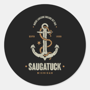 Vintage Retro Anchor Saugatuck Michigan Boating Sa Classic Round Sticker