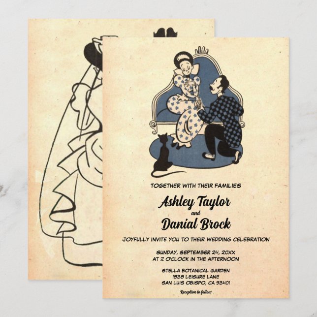 Vintage Retro Ancient Style Couple Rustic Wedding Invitation (Front/Back)