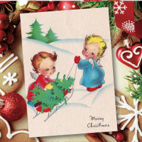 Vintage Retro Angels Pulling Christmas Tree