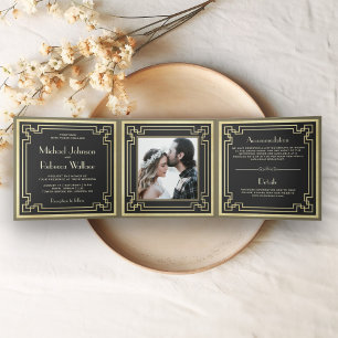 Vintage Retro Art Deco Photo Wedding Tri-Fold Invitation