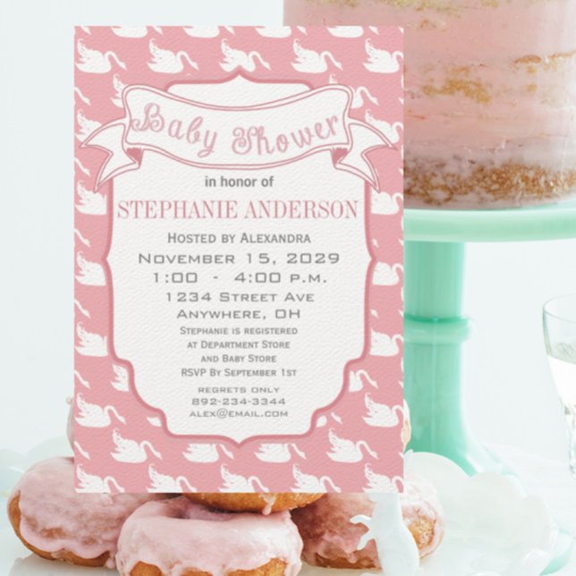 Vintage Retro Baby Girl Swan Pattern Baby Shower Invitation (Creator Uploaded)