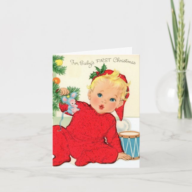Vintage Retro Baby's First Christmas Holiday Card (Front)