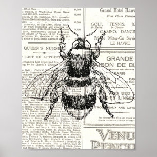 Vintage Retro Bee Newsprint Black and White Poster