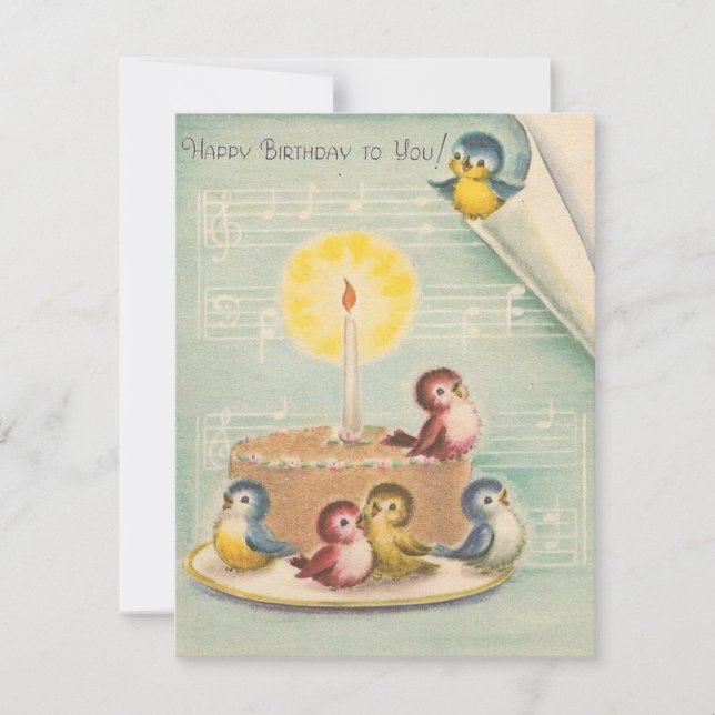 Vintage Retro Birds On Birthday Cake Card (Front)