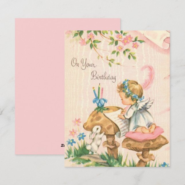 Vintage Retro Birthday Angel On Mushrooms  Holiday Card (Front/Back)