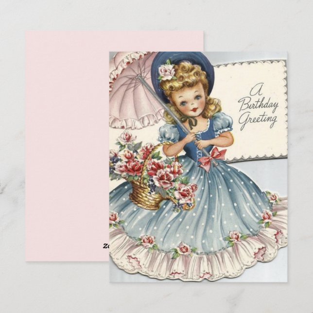 Vintage Retro Birthday Girl With Umbrella  Holiday Card (Front/Back)