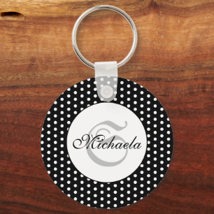 Vintage retro Black and White polka dots Monogram Key Ring