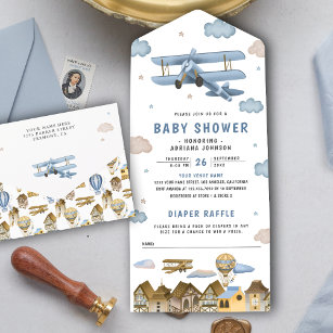 Vintage Retro Blue Aeroplane Baby Shower All In One Invitation