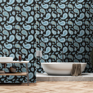 Vintage Retro Blue Paisley Pattern Wallpaper