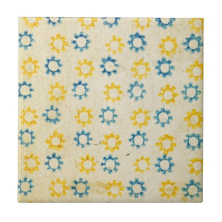 Vintage Retro Blue & Yellow Sun Stencil Texture Tile