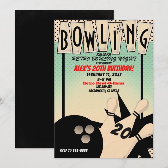 Vintage Retro Bowling Bowl Night Birthday Party Invitation (Front/Back)