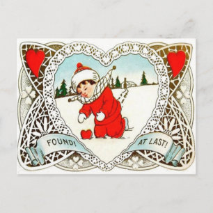 Vintage Retro Boy Finds Heart In Snow Valentine Holiday Postcard