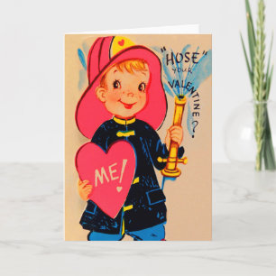 Vintage Retro Boy Fireman Valentine Card
