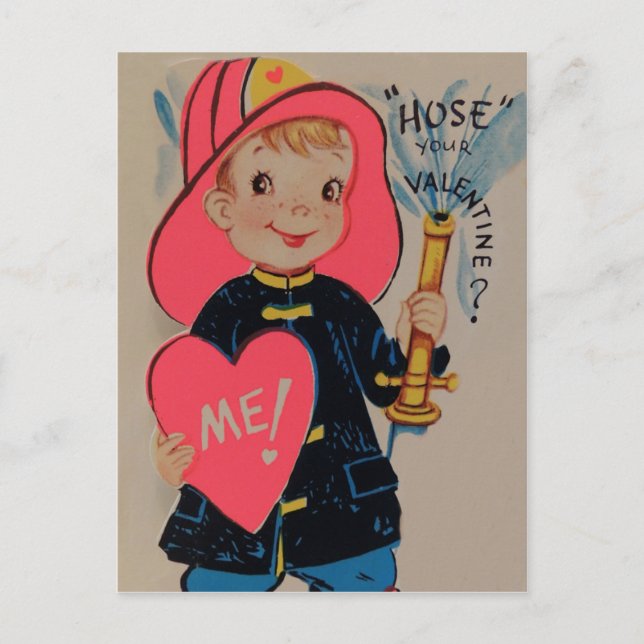 Vintage Retro Boy Fireman Valentine Card (Front)