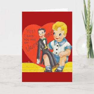 Vintage Retro Boy & Ventriloquist Dummy Valentine Holiday Card