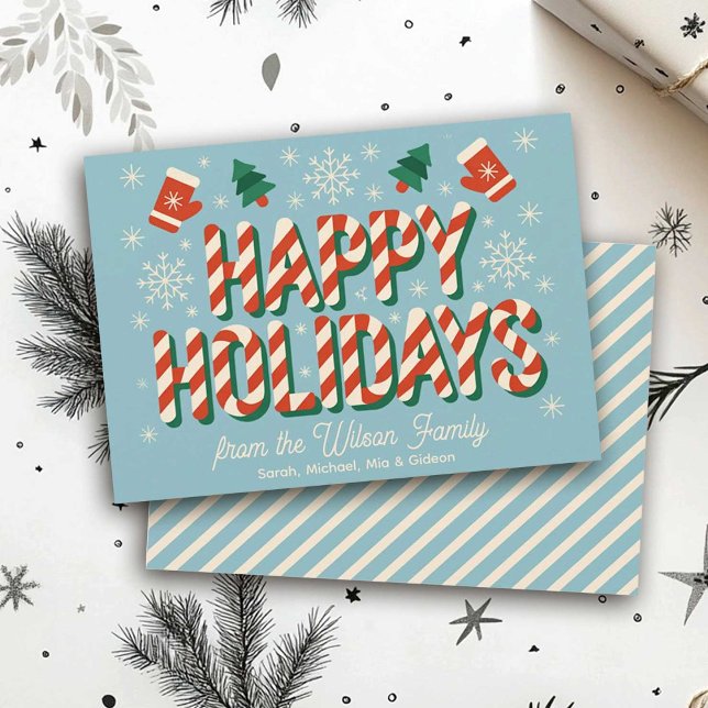 Vintage Retro Candy Cane Cozy Happy Holiday Card (Retro Candy typography cane non photo Holiday card)