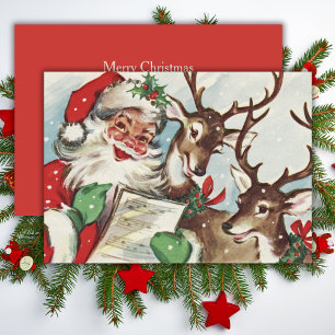 Vintage Retro Caroling Santa& Reindeer Christmas Holiday Card