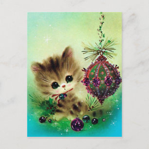 Vintage retro cat Christmas holiday postcard
