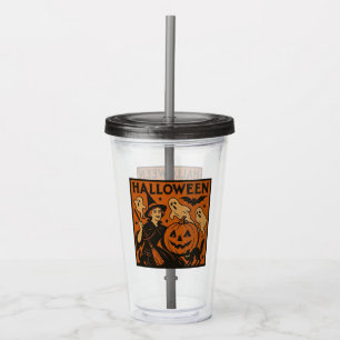Vintage/retro cat, ghost, pumpkin & witch acrylic tumbler