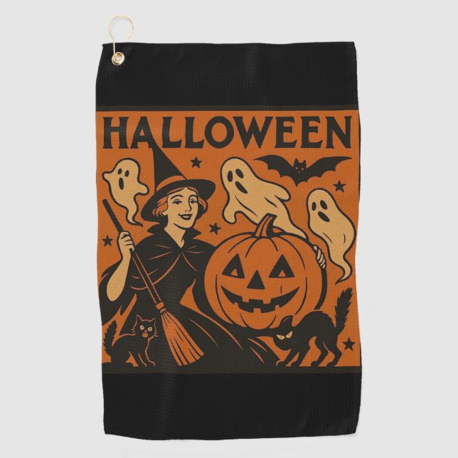 Vintage/retro cat, ghost, pumpkin & witch golf towel (Front)