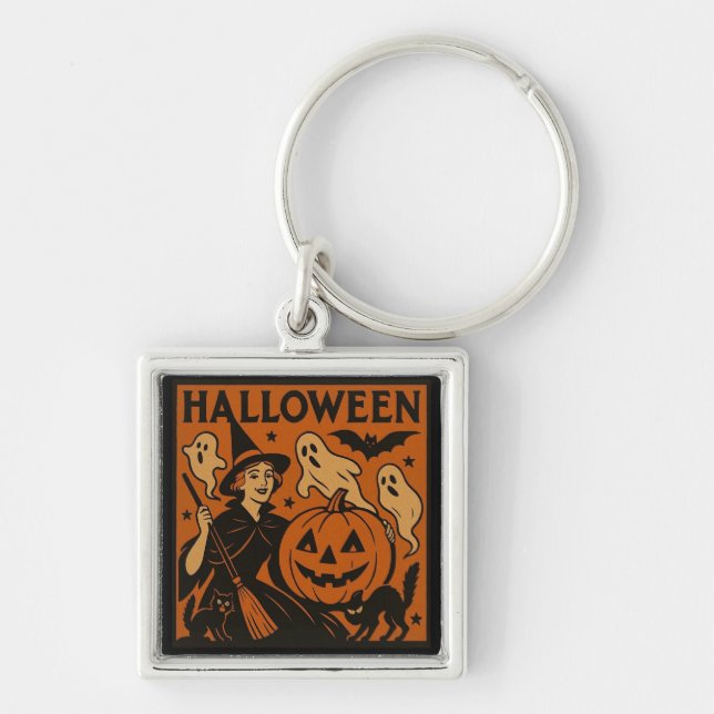 Vintage/retro cat, ghost, pumpkin & witch key ring (Front)