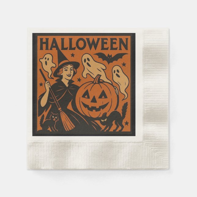 Vintage/retro cat, ghost, pumpkin & witch napkin (Front)