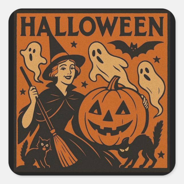 Vintage/retro cat, ghost, pumpkin & witch square sticker (Front)