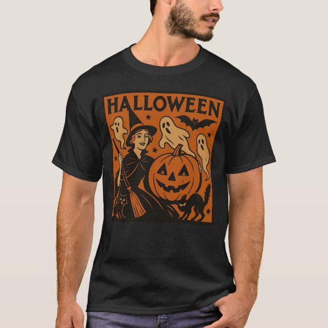 Vintage/retro cat, ghost, pumpkin & witch T-Shirt (Front)
