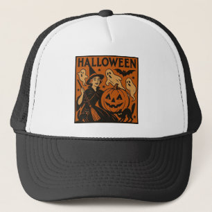 Vintage/retro cat, ghost, pumpkin & witch trucker hat