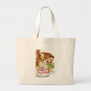 Vintage Retro Cat Kitten Birthday Cake Greeting Large Tote Bag