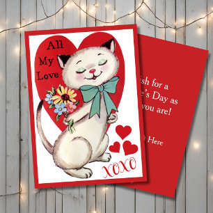 Vintage Retro Cat with Flowers Custom Valentine Holiday Card