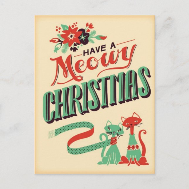 Vintage Retro Cats Christmas Postcard (Front)