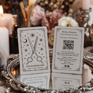 Vintage Retro Celestial Tarot Hairdresser QR Code Business Card
