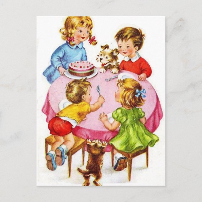 Vintage Retro Children's Birthday Party Dog Kitten Postcard (Front)
